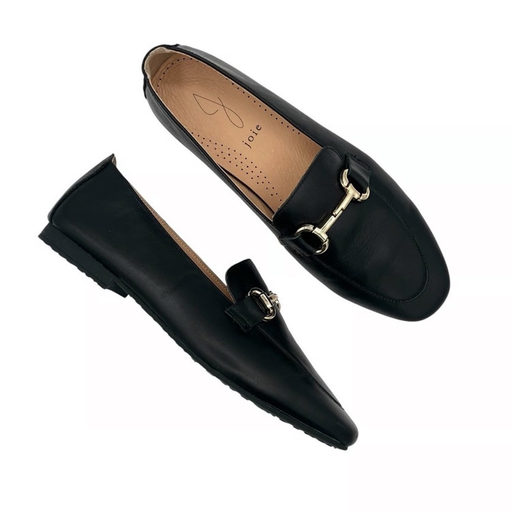Joie Black Leather Slip-On Loafers with Gold Accent